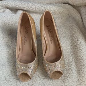 De Blossom Collection Gold Crystal Open Toe Platform Heels Size 7.5